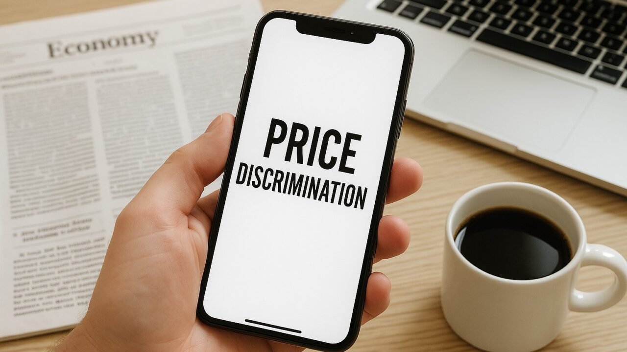 Fotografia in primo piano di una mano che tiene uno smartphone con la scritta “Price Discrimination” sullo schermo. Sullo sfondo sfocato, un quotidiano economico, un laptop e una tazza di caffè su una scrivania in legno chiaro.