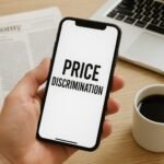 Fotografia in primo piano di una mano che tiene uno smartphone con la scritta “Price Discrimination” sullo schermo. Sullo sfondo sfocato, un quotidiano economico, un laptop e una tazza di caffè su una scrivania in legno chiaro.