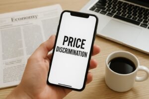 Fotografia in primo piano di una mano che tiene uno smartphone con la scritta “Price Discrimination” sullo schermo. Sullo sfondo sfocato, un quotidiano economico, un laptop e una tazza di caffè su una scrivania in legno chiaro.