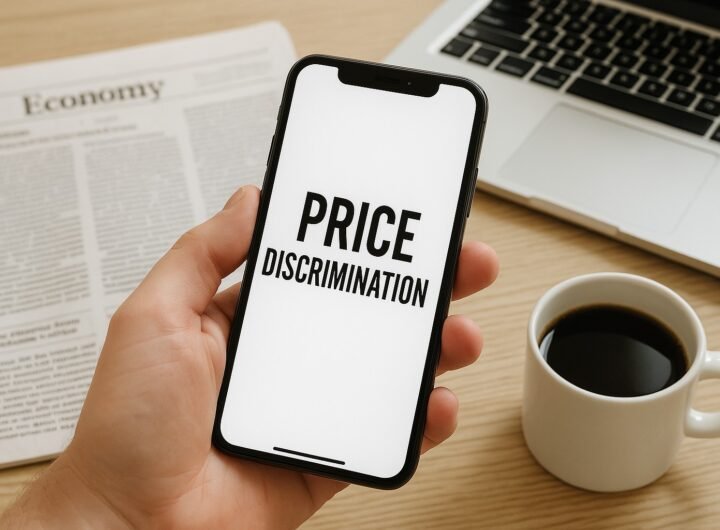 Fotografia in primo piano di una mano che tiene uno smartphone con la scritta “Price Discrimination” sullo schermo. Sullo sfondo sfocato, un quotidiano economico, un laptop e una tazza di caffè su una scrivania in legno chiaro.